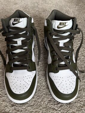 Nike Dunk High Top Sneakers in White and Olive Green